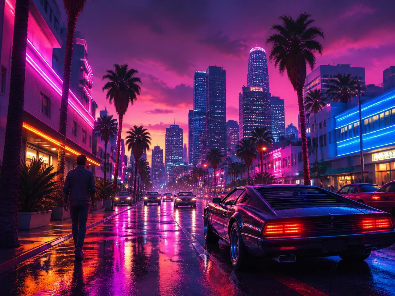 Neon-beleuchtete Innenstadt von Los Santos bei Nacht